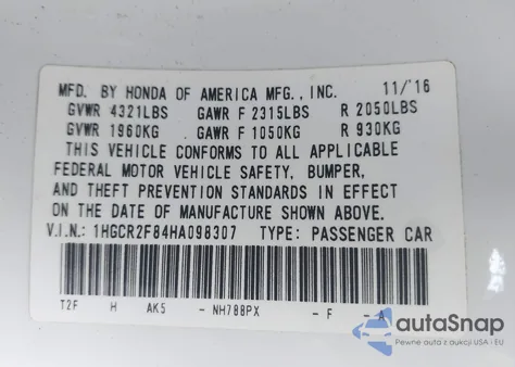 2017 Honda Accord Ex-L from USA, damaged, VIN 1HGCR2F84HA098307